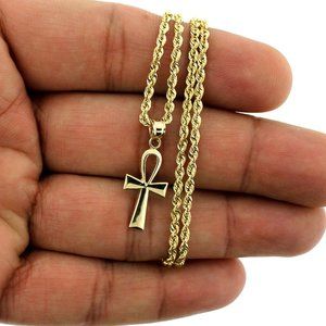 10K Real Gold Rope Chain and Ankh Cross Pendant Set
